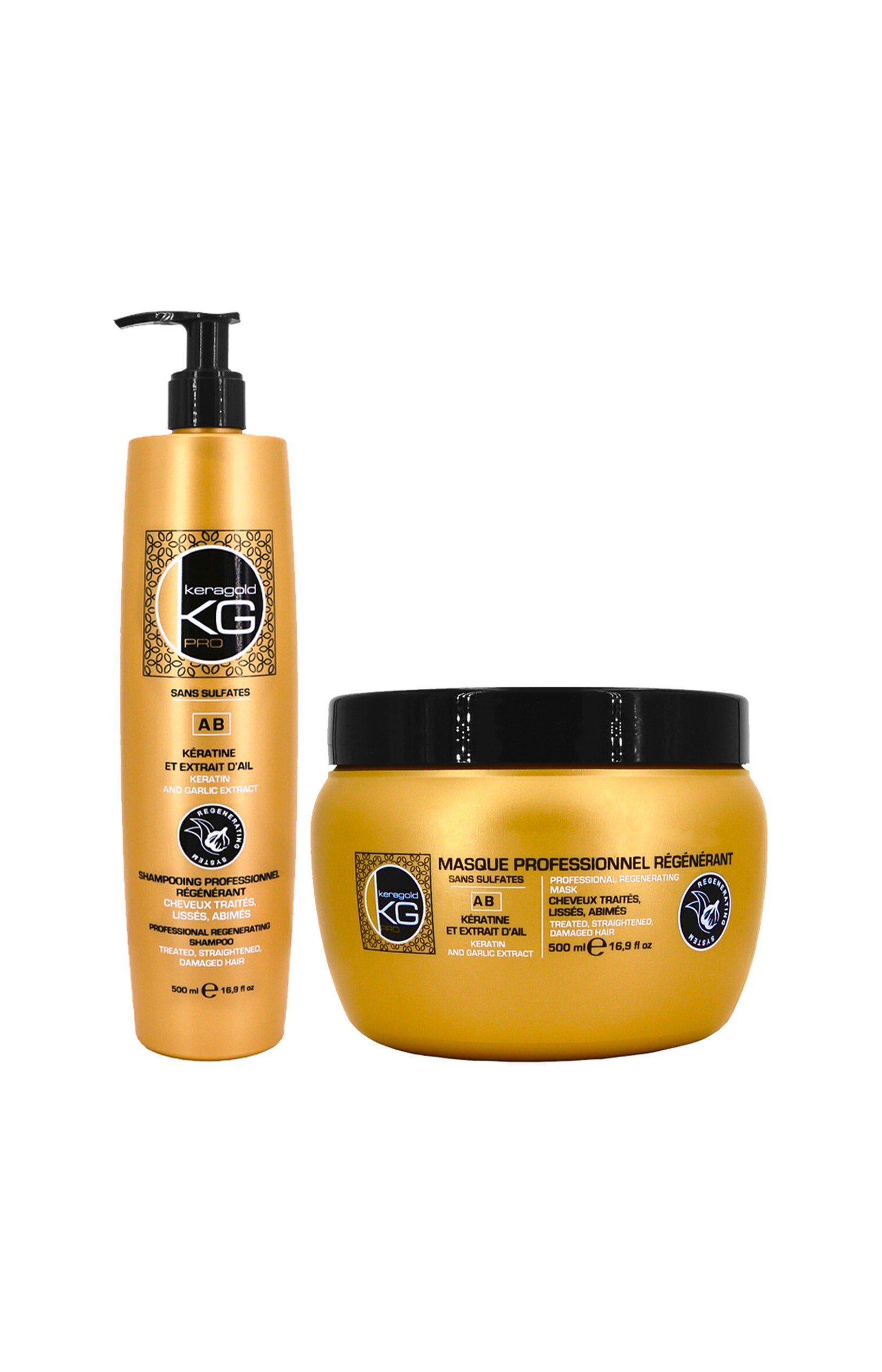 Shampoing & masque régénérants - Kératine & extrait d'ail - Cheveux lissés & abîmés - 2 x 500 ml - Keragold