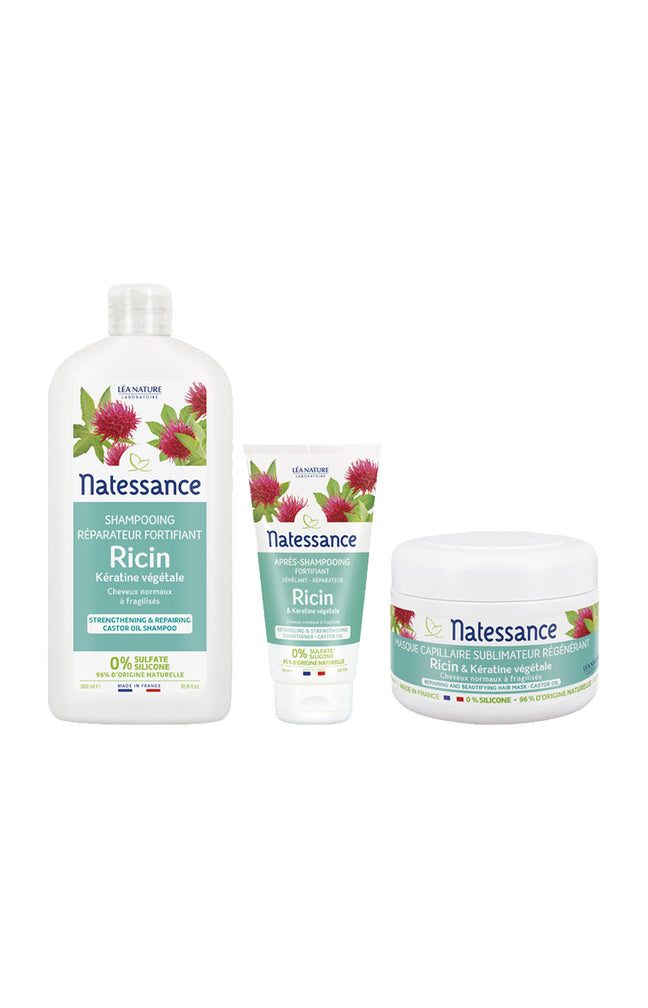 Routine fortifiante - Huile de ricin - Cheveux secs ou fragilisés - 3 soins