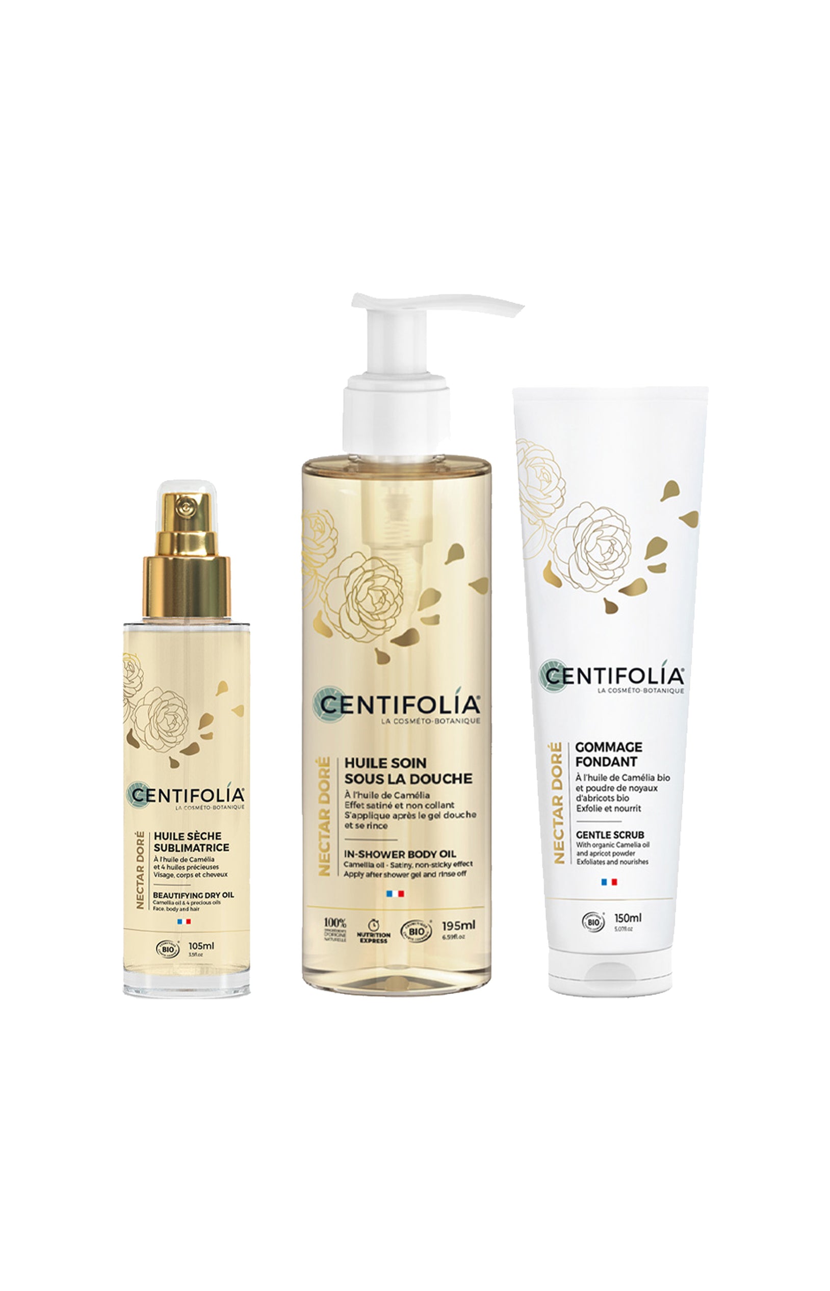 Huile de douche, gommage & huile sèche bio - Nectar Doré - Corps - 3 produits