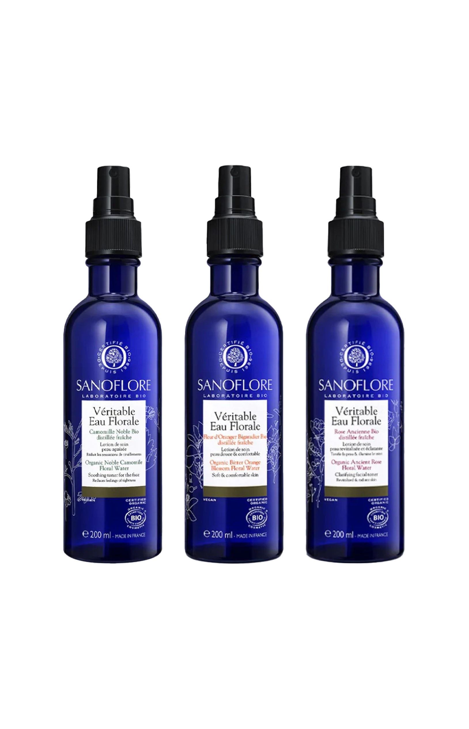 Eaux florales - Rose, Camomille & fleur d'oranger - 3 x 200 ml