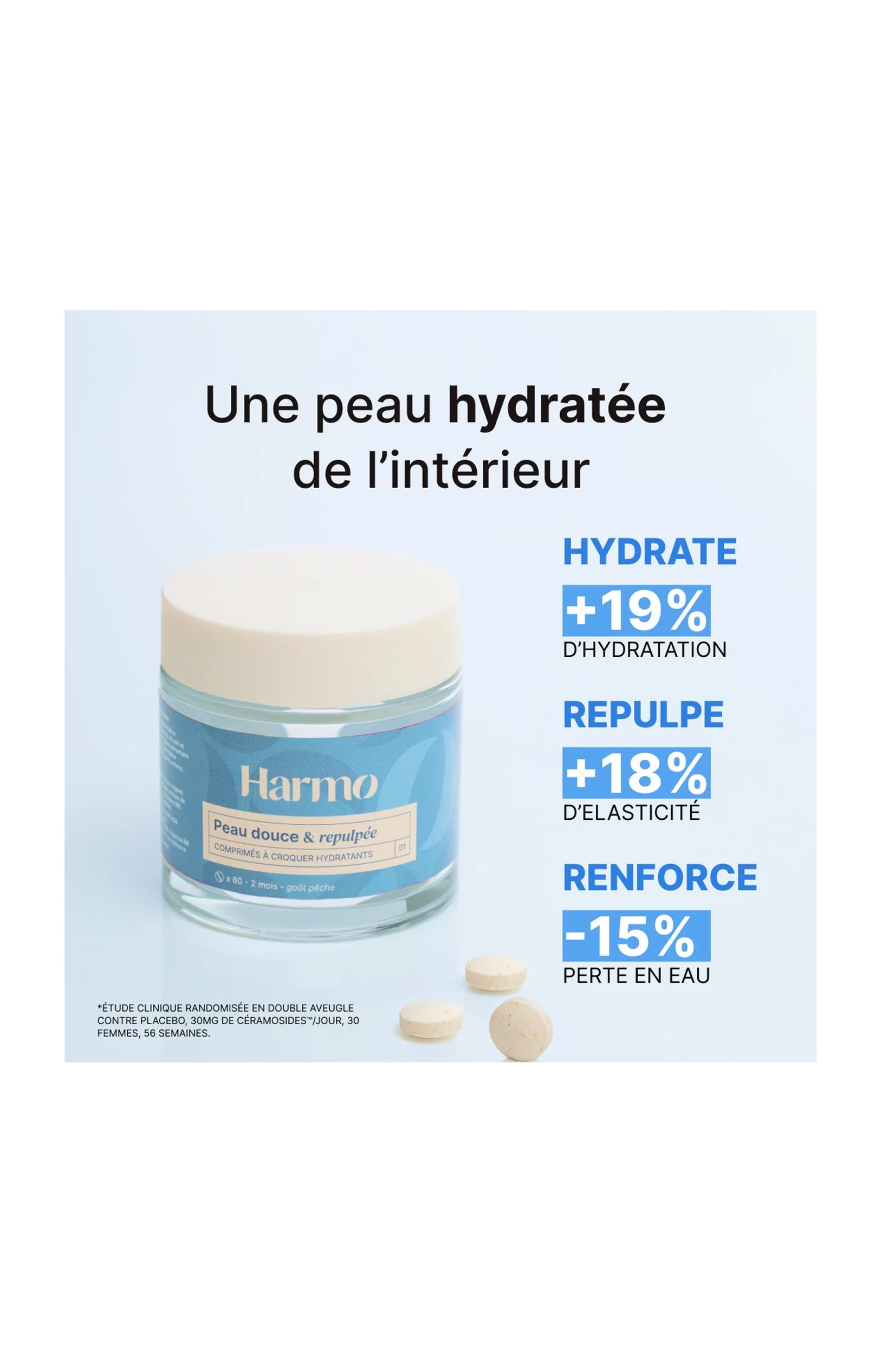 Comprimés à croquer hydratant - Acide hyaluronique & vitamine E - Pêche - 2 mois