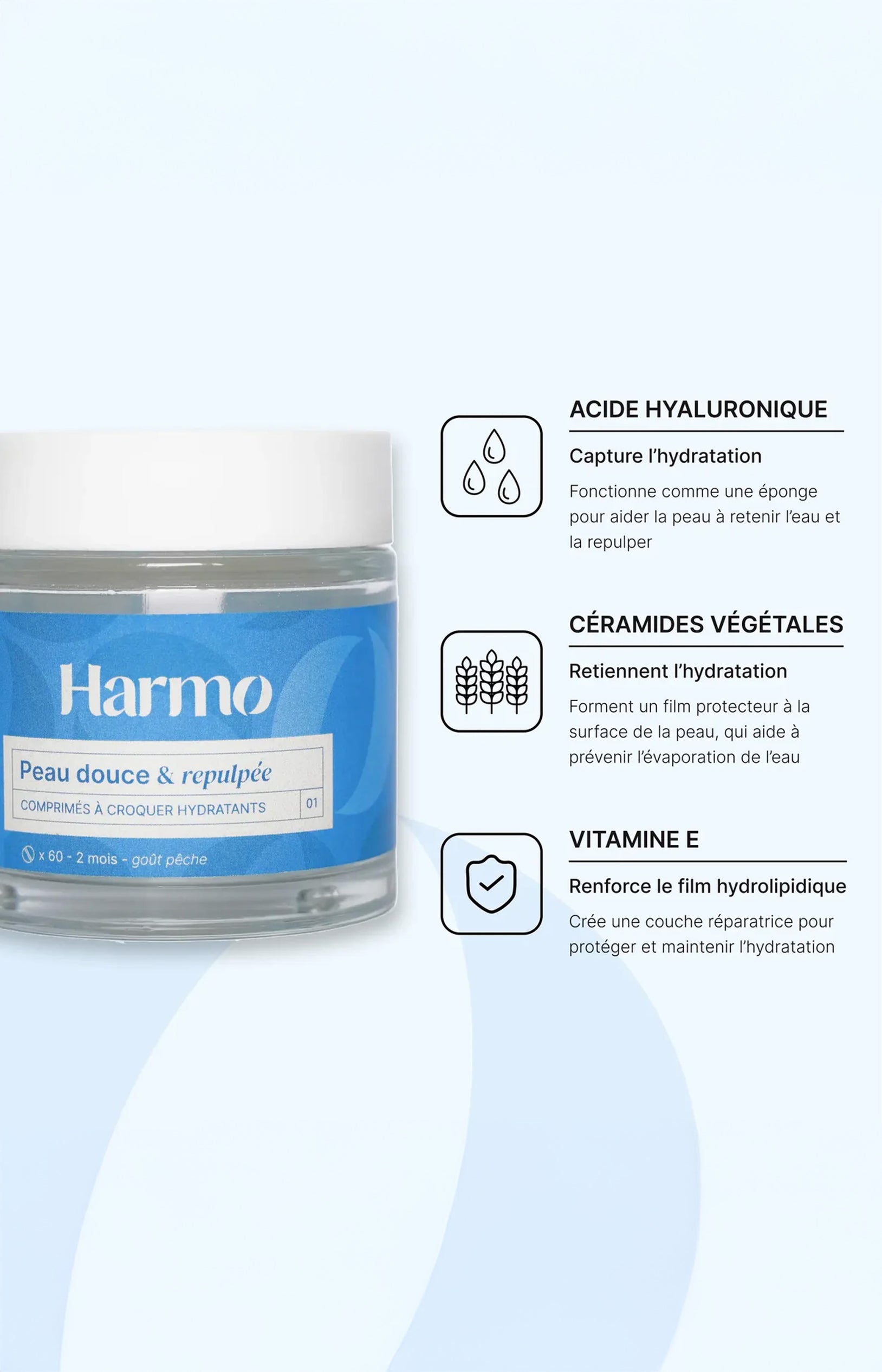 Comprimés à croquer hydratant - Acide hyaluronique & vitamine E - Pêche - 2 mois