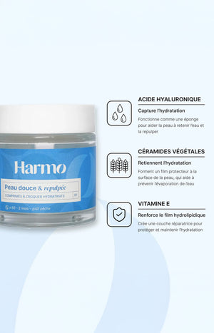 Comprimés à croquer hydratant - Acide hyaluronique & vitamine E - Pêche - 2 mois