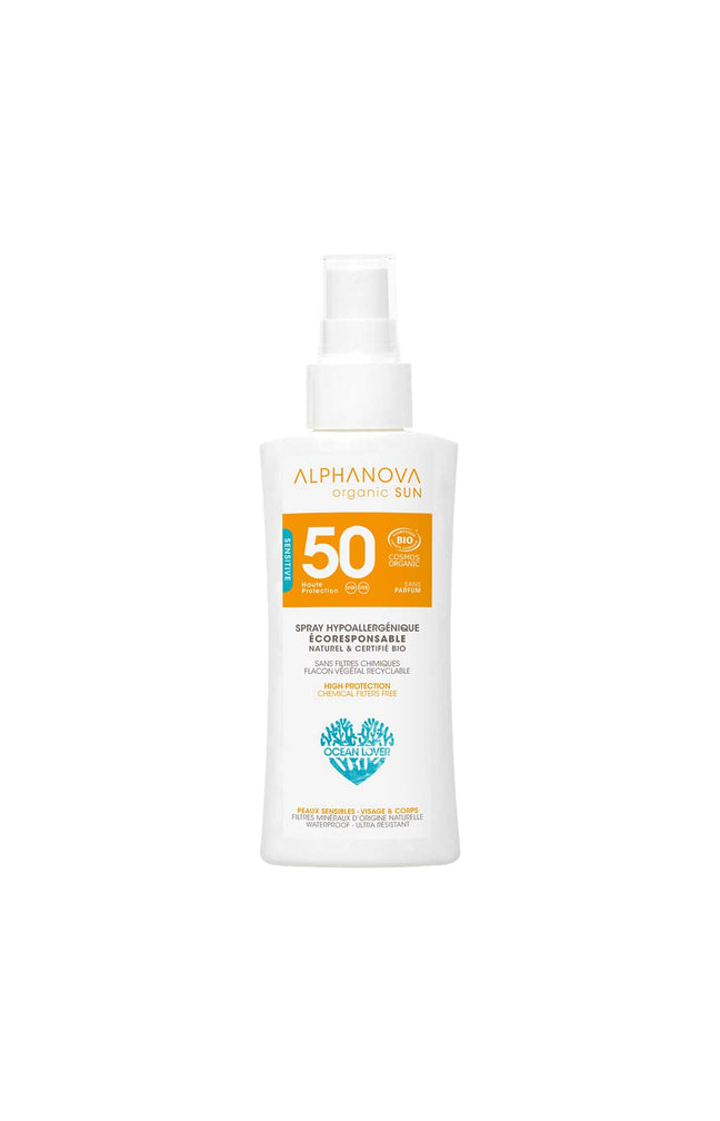 Spray solaire hypoallergénique SPF50 bio - Aloe vera & huile de jojoba - Format voyage - Peaux sensibles - 90 g