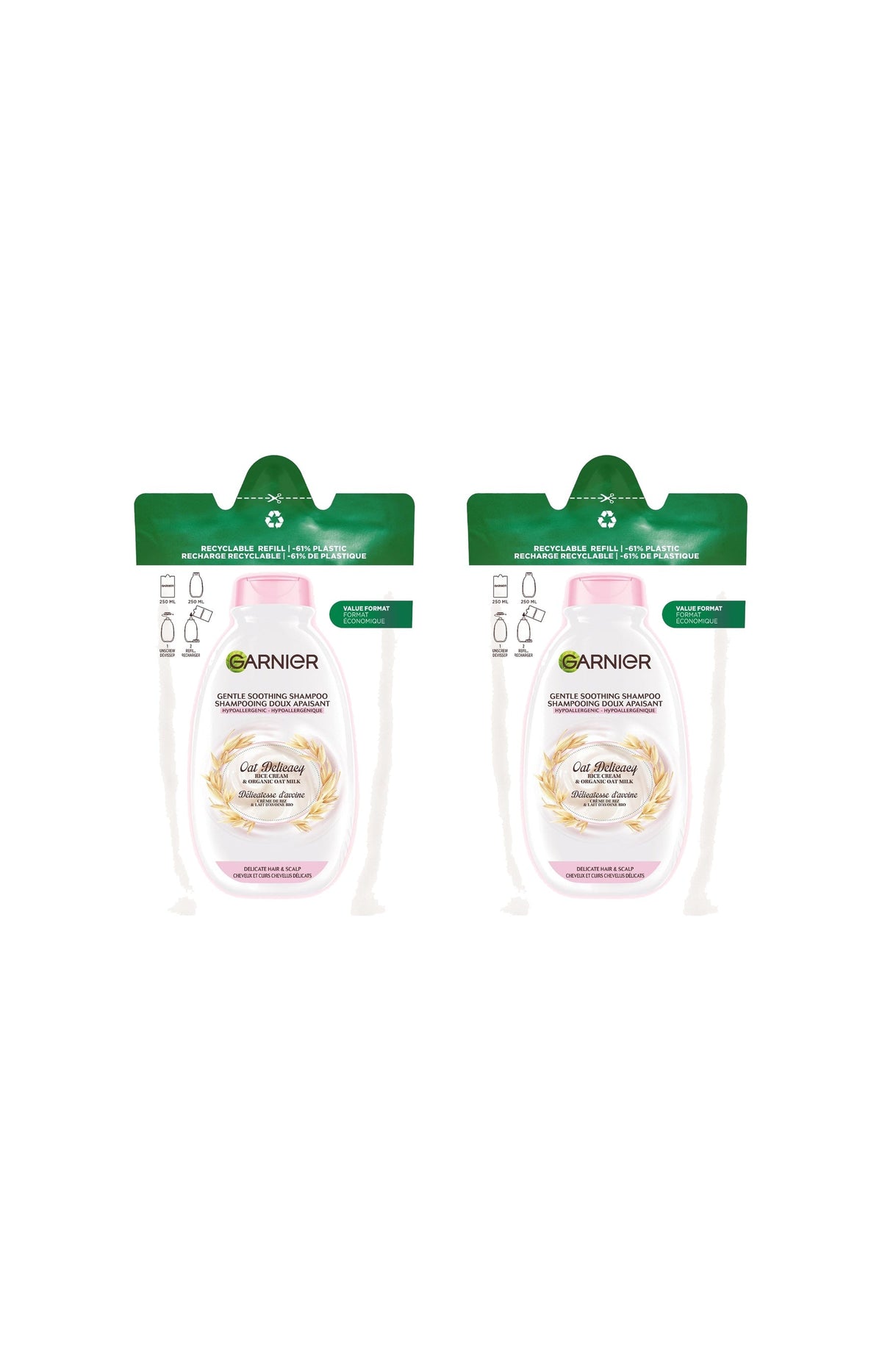 2 éco-recharges shampoing apaisant - Délicatesse d'avoine - 250 ml