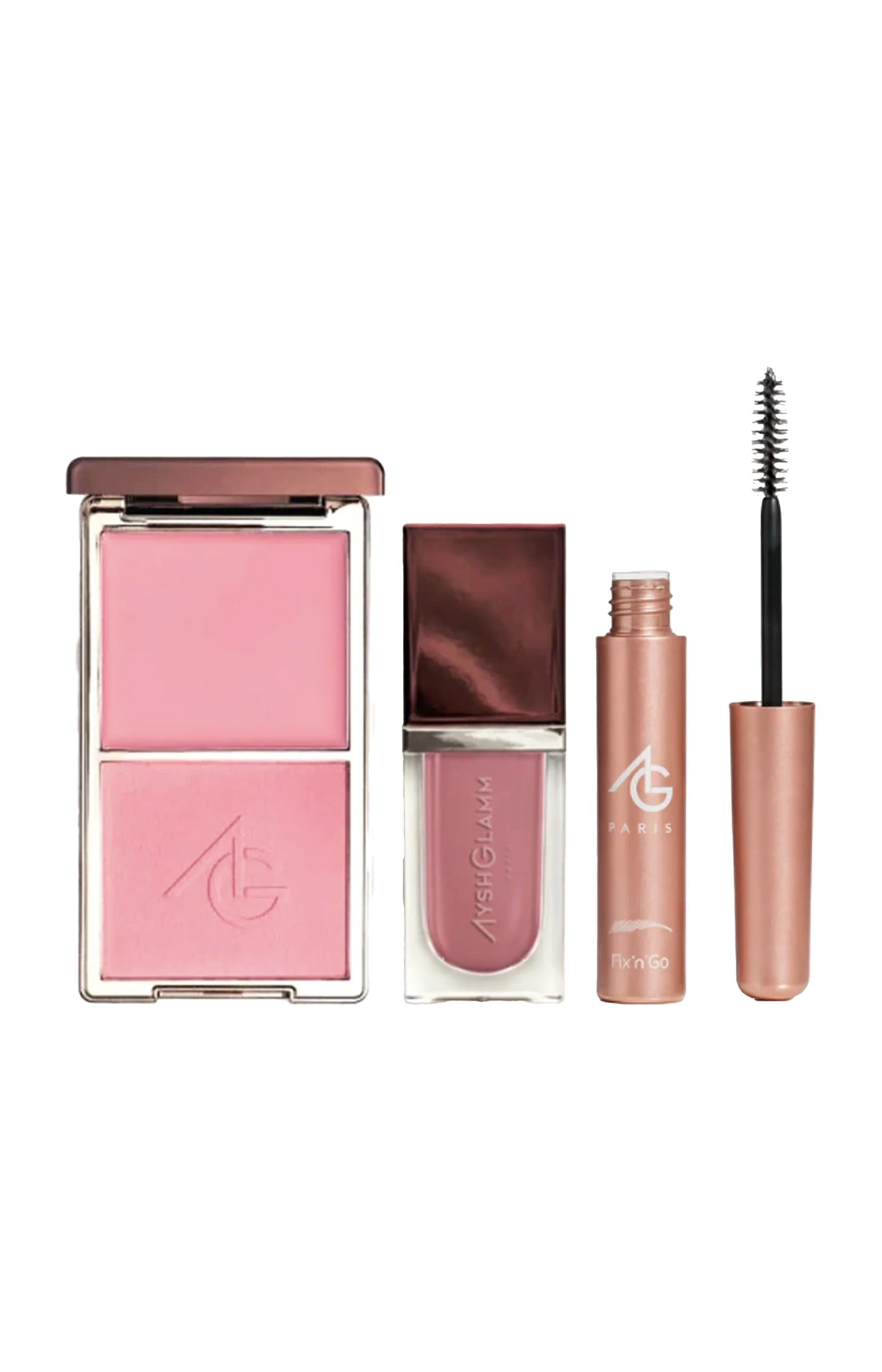 Blush duo, huile à lèvres & mascara à sourcils
