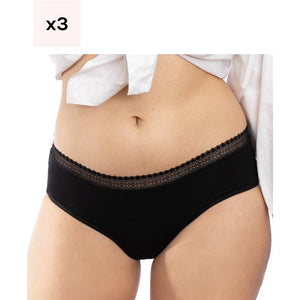 Lot de 3 shortys menstruels à dentelle - Coton bio - Flux moyens à abondants  - Noir