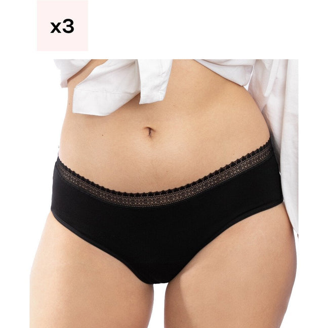 Lot de 3 shortys menstruels à dentelle - Coton bio - Flux moyens à abondants  - Noir