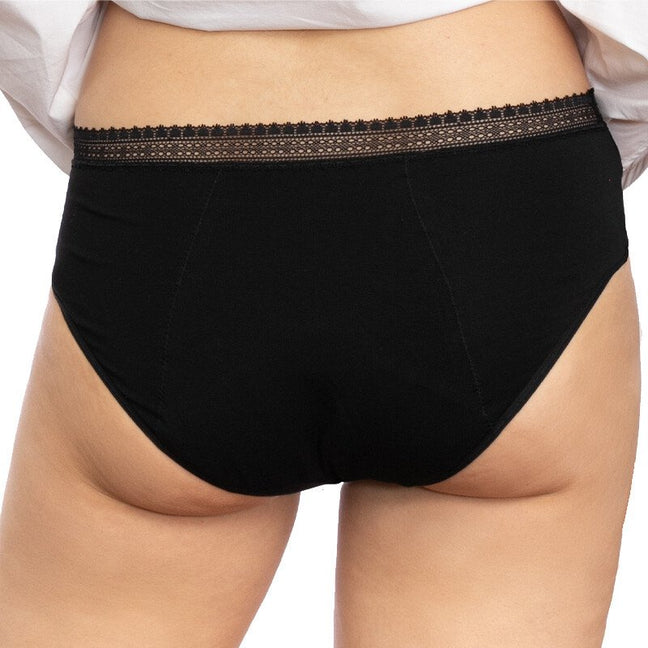 Shorty menstruel en dentelle - Coton bio - Flux moyens à abondants - Noir