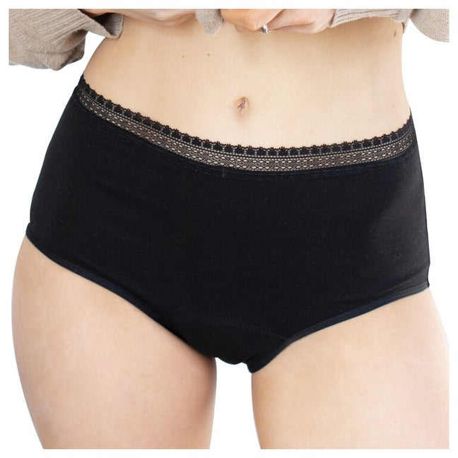 Culotte menstruelle taille haute à dentelle - Coton bio - Flux moyens à abondants - Noir