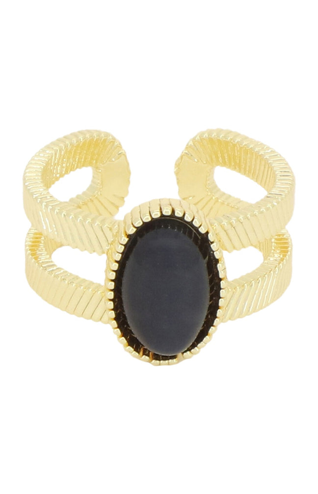 Bague ajustable Kone - Laiton doré & onyx noir