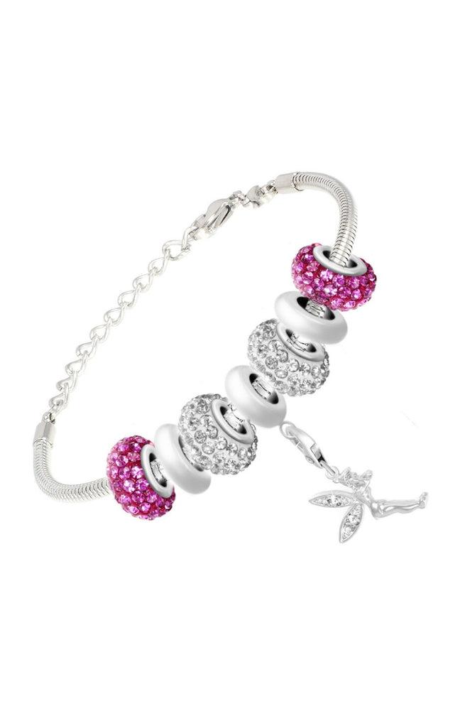 Bracelet - Charms, fée & perles - Acier inoxydable & perles en acier - Argenté & rose
