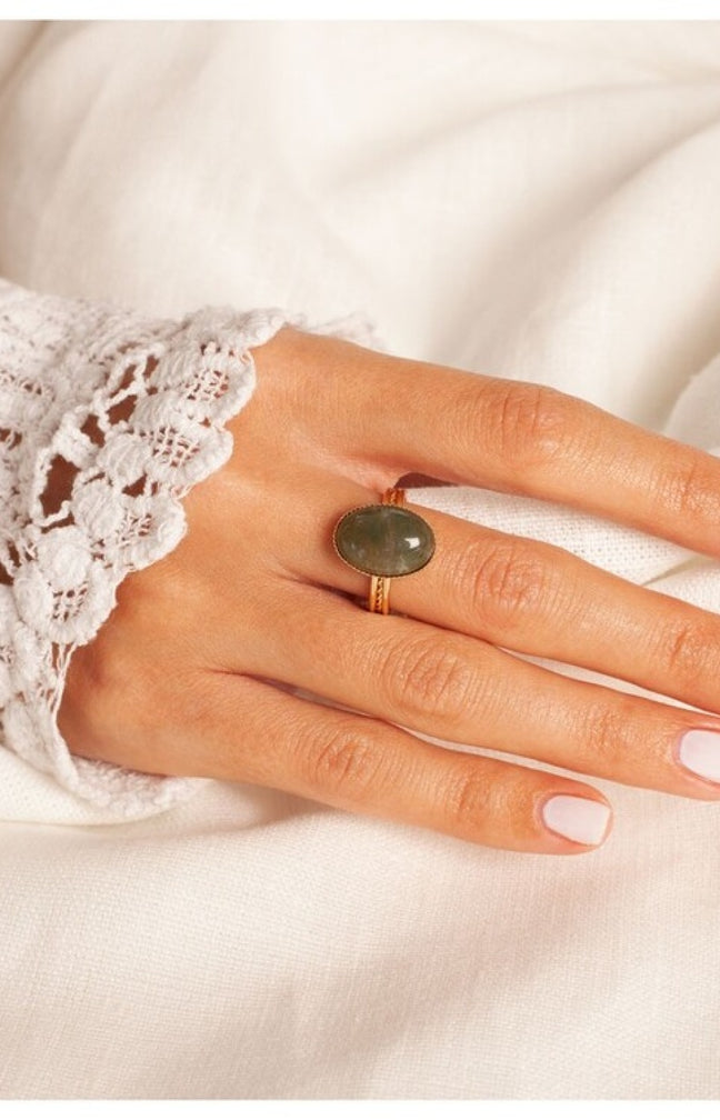 Bague ajustable Tiga - Laiton doré & olivine