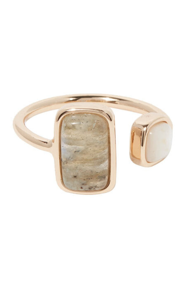 Bague ajustable Eva - Laiton doré, labradorite & nacre