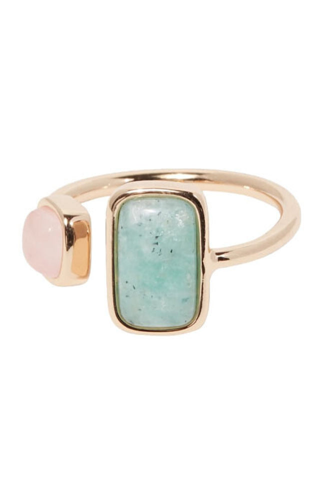Bague ajustable Eva - Laiton doré, amazonite & quartz rose