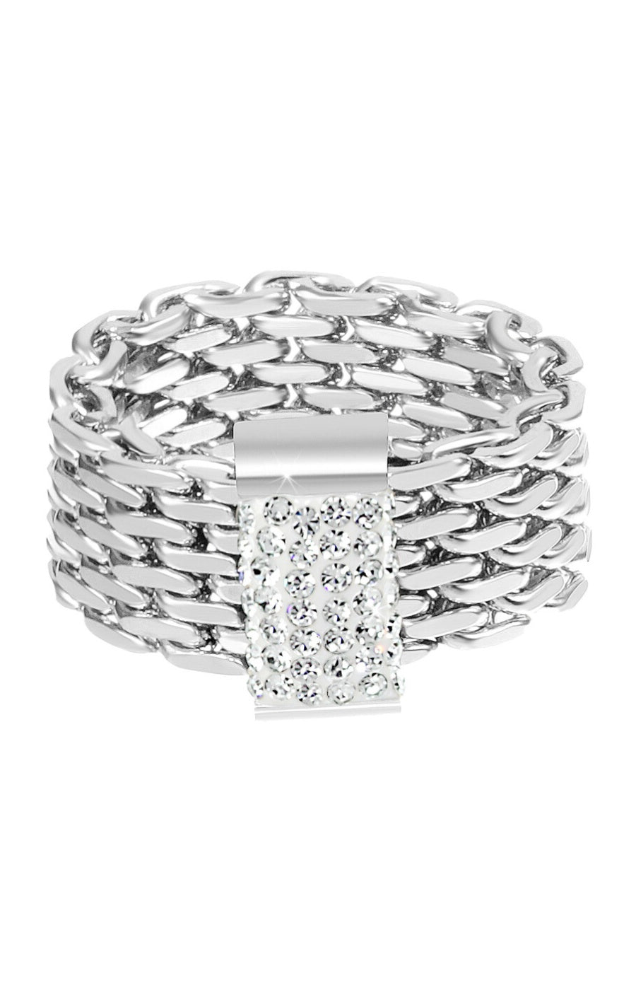 Bague chaîne - Acier inoxydable & cristaux - Argenté