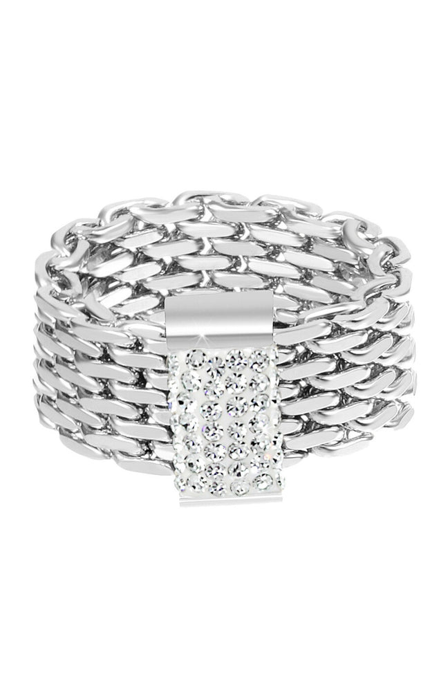 Bague chaîne - Acier inoxydable & cristaux - Argenté