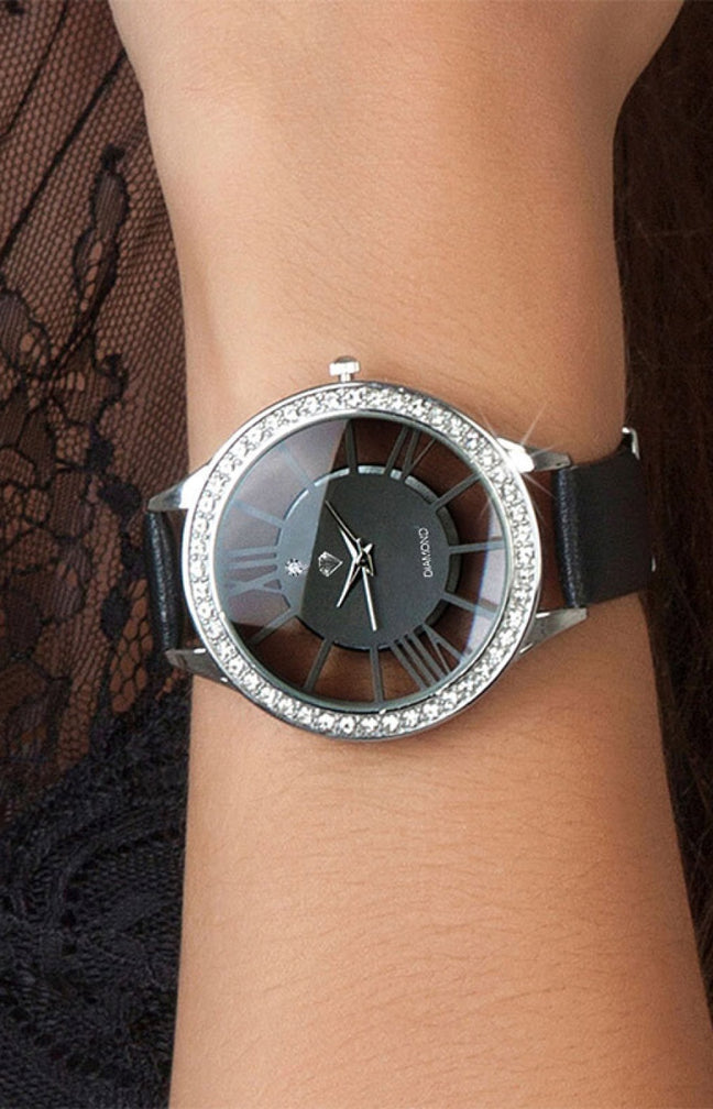 Montre Lara - Cuir, laiton & cristaux & diamant - Noir - 42 mm