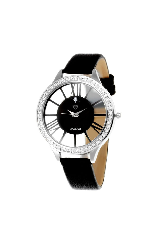 Montre Lara - Cuir, laiton & cristaux & diamant - Noir - 42 mm