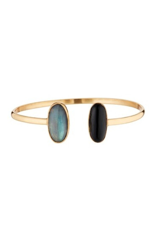 Jonc - Laiton doré, labradorite grise & onyx noire