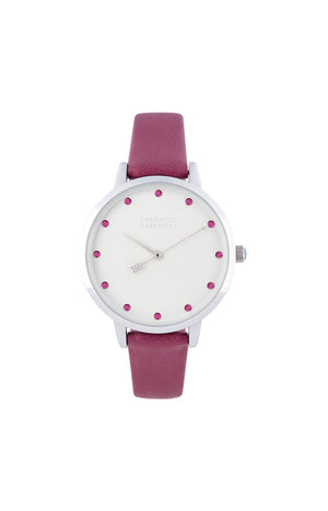 Montre - Cuir violet & argenté - Cadran blanc - 36 mm