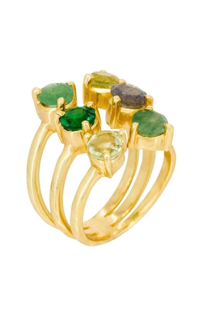 Bague ajustable Stella - Laiton doré, aventurine & améthyste verte