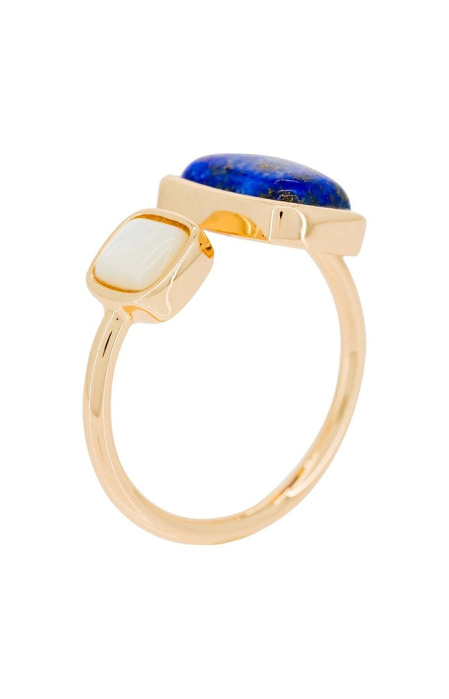Bague ajustable Eva - Laiton doré, lapis bleue & nacre blanche