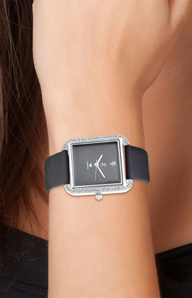 Montre Marwa - Diamant rond & cristaux scintillants - Noir