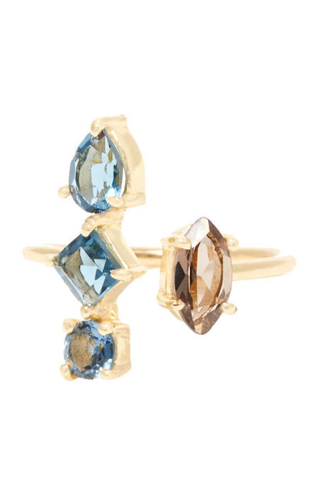 Bague ajustable Noémy - Laiton doré, iolite & quartz fumé
