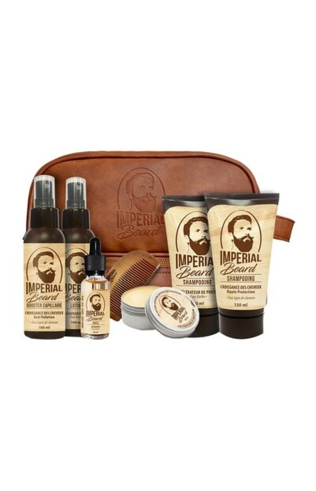 Trousse " Pousse barbe & cheveux " - 6 produits & un peigne