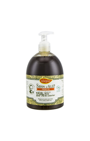 Savon d'Alep liquide premium bio - 15% d'huile de baie de laurier - Corps - 500 ml