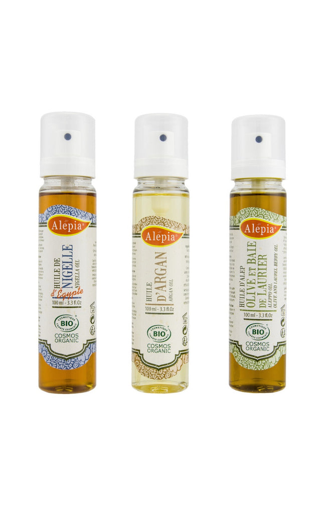 Trio d'huiles bio hydratantes & régénérantes - Nigelle, argan & Alep - 3 x 100 ml