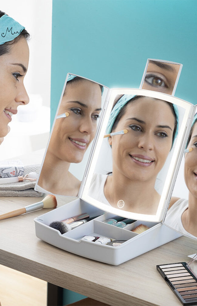 Miroir LED pliable avec compartiments - Blanc