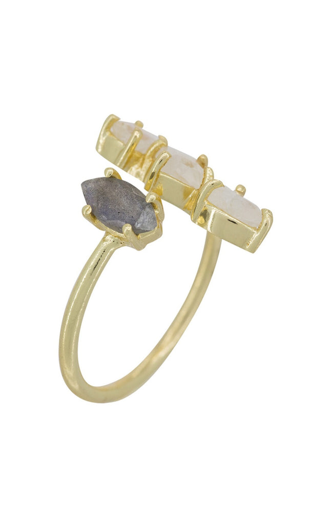 Bague ajustable Noémy - Laiton doré, pierre de lune & labradorite