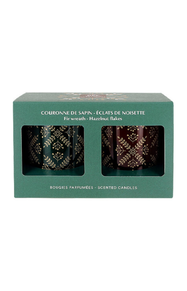 Coffret de 2 bougies parfumées - Couronne de sapin & Eclats de noisette - 2 x 12h