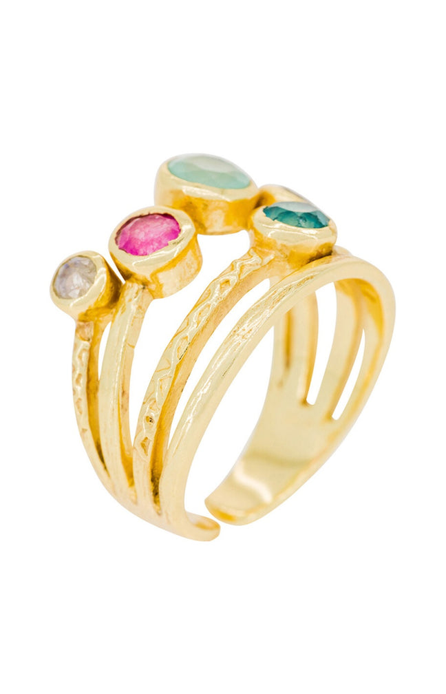 Bague ajustable Maelie - Laiton doré & multi-pierre