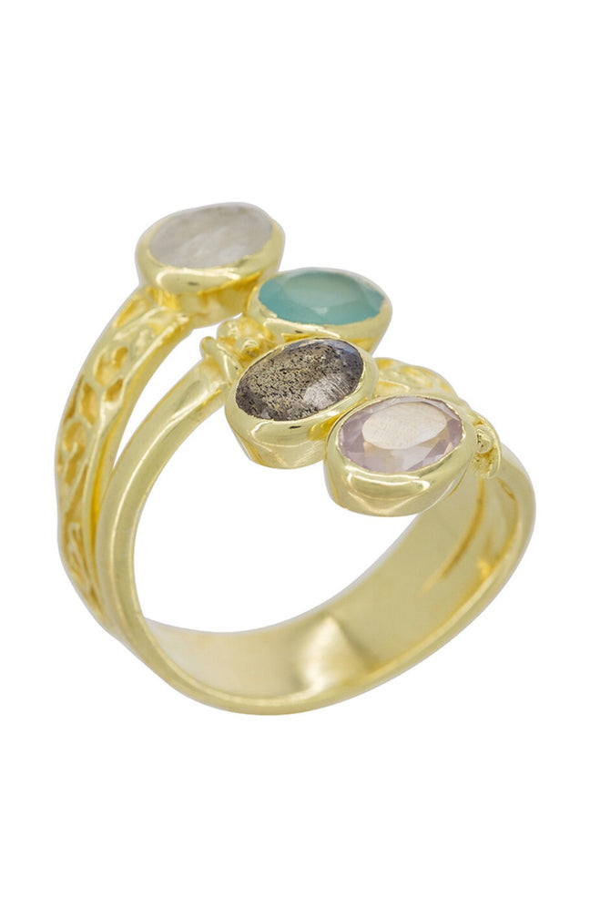Bague ajustable Zélie - Laiton doré & Multi-pierre