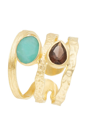 Bague Florina - Laiton doré, amazonite & quartz fumé