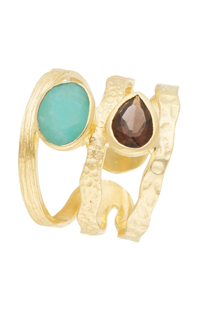 Bague Florina - Laiton doré, amazonite & quartz fumé