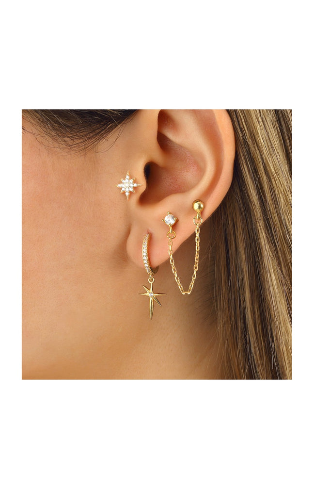 Set de 3 boucles d'oreilles & chaîne - Argent 925/000 plaqué or & zircons