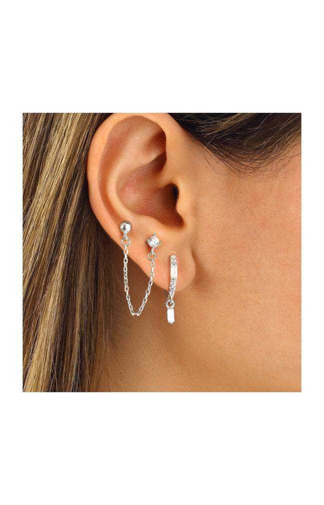 Set de 3 boucles d'oreilles et chaîne - Argent 925/000 & zircons
