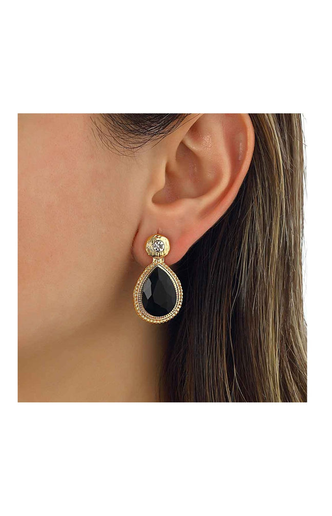 Boucles d'oreilles - Laiton plaqué or & zircons noirs
