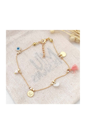 Bracelet de cheville avec perles œil & pièces de monnaie ancienne - Laiton plaqué or