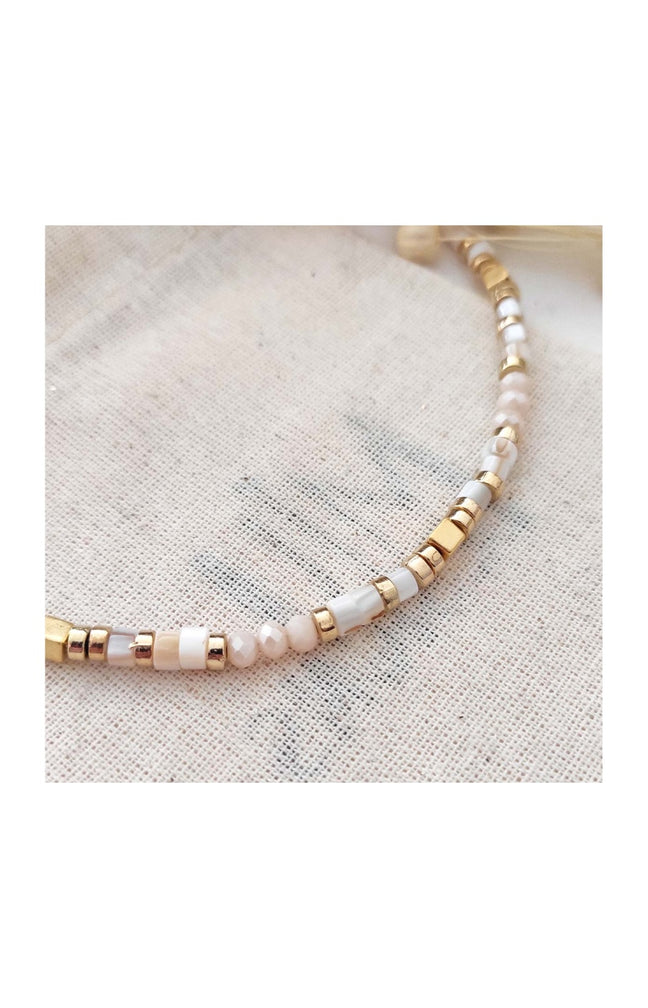 Collier de pierres & perles beige - Laiton plaqué or