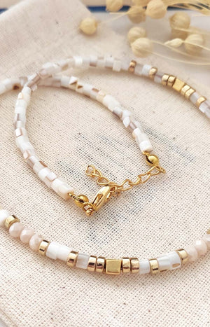 Collier de pierres & perles beige - Laiton plaqué or