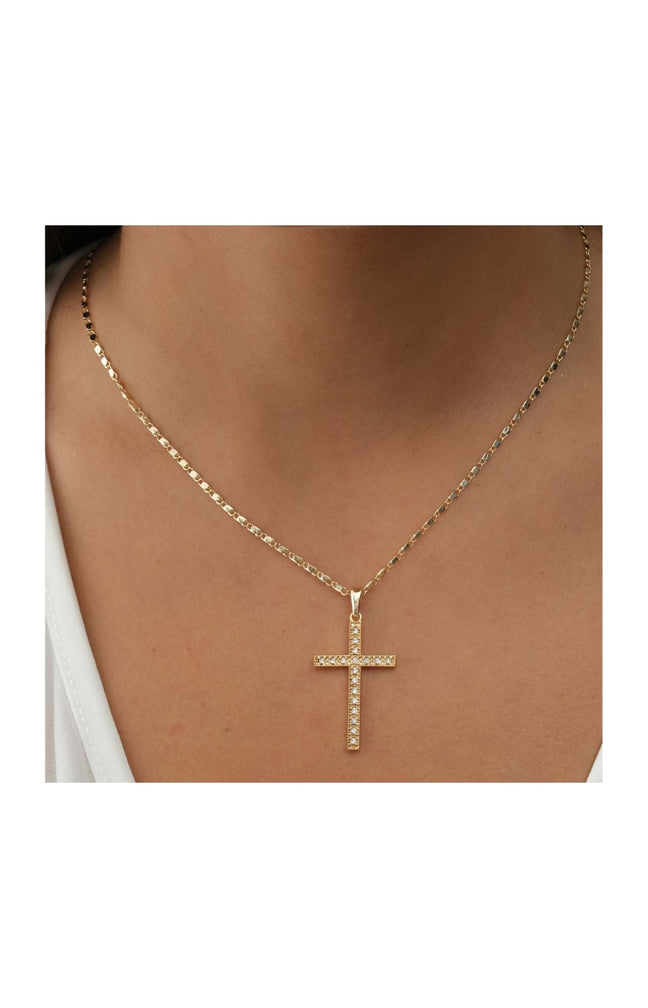Collier croix - Laiton plaqué or & zircons