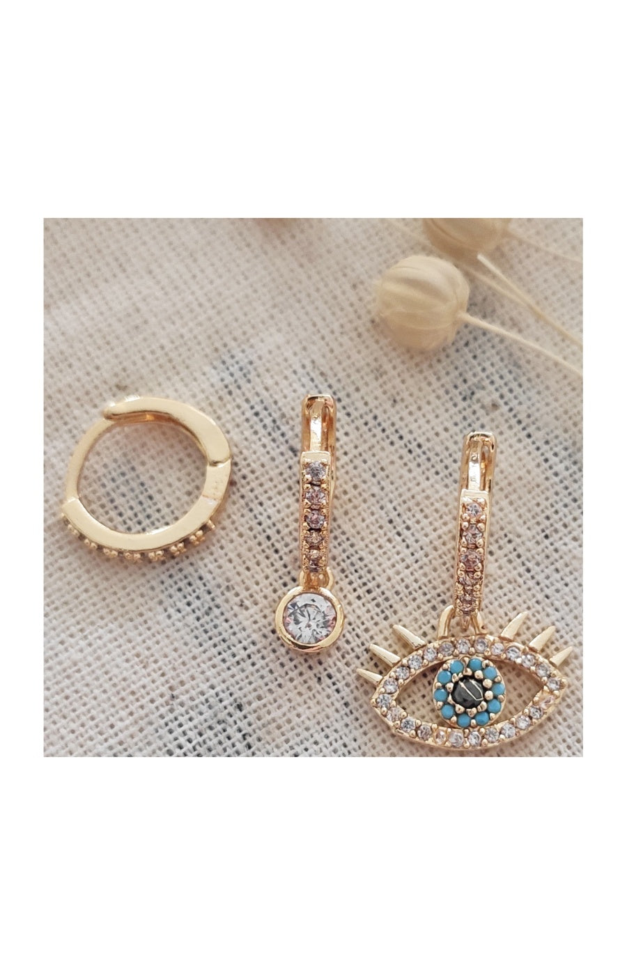 Trio de boucles d'oreilles - Laiton plaqué or & zircons