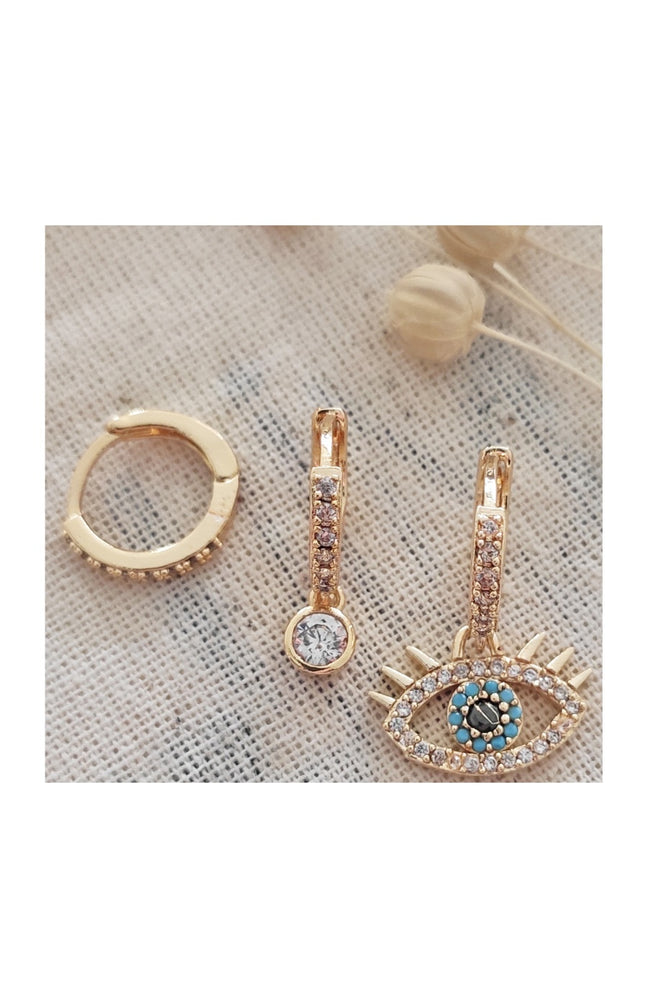 Trio de boucles d'oreilles - Laiton plaqué or & zircons