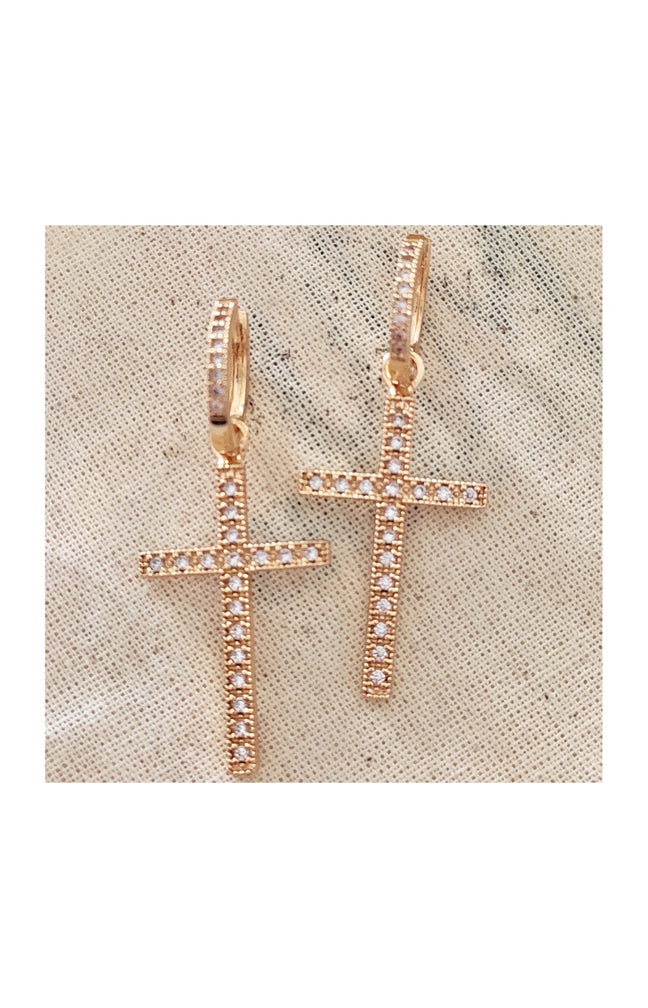 Boucles d'oreilles croix - Laiton plaqué or & zircons