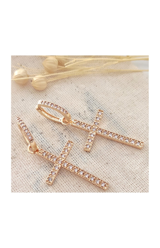 Boucles d'oreilles croix - Laiton plaqué or & zircons